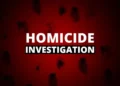 Saint Lucia Independence violence investigation graphic with red background and black fingerprints, symbolizing crime and homicide.
