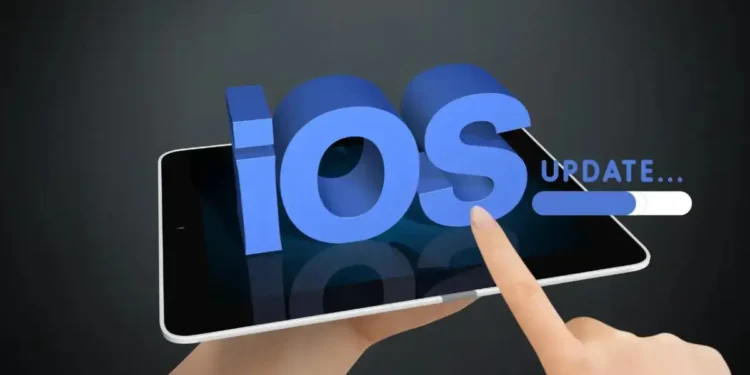 Finger tapping on a tablet screen with 3D text 'iOS Update' loading bar, symbolizing the Apple iOS 17.4 Security Update for enhanced protection.
