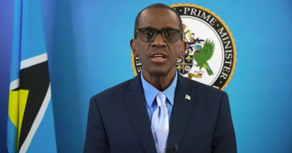 Prime Minister Philip J Pierre addressing media in Pre Cabinet meeting
