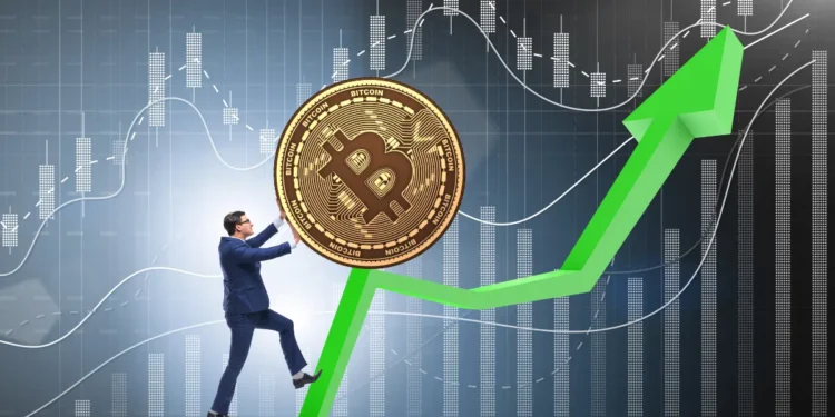 A businessman pushing a large Bitcoin symbol upward, symbolizing Bitcoin price trends 2024 with a rising green arrow and market chart in the background.