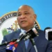 Ernest Hiliare standing at the Podium during a pre-cabinet briefing addressing media on the Saint Lucia CBI Scandal