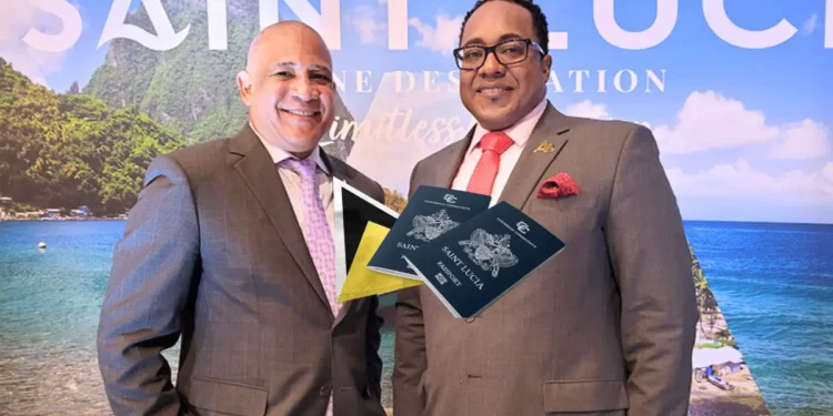 Saint Lucia Citizenship By Investment program highlighted with Ernest Hilaire and Thaddeus Antoine amidst corruption discussions, featuring Saint Lucian passports and a scenic island backdrop.