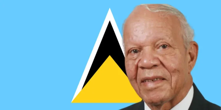 Sir John Compton standing proudly in front of the Saint Lucia flag, symbolizing the Sir John Compton Legacy and his dedication to the nation