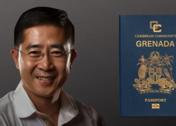 AI-generated image of Naing Htut Aung, Myanmar arms dealer, beside a Grenadian passport—central figure in the grenadian passport CBI program controversy.