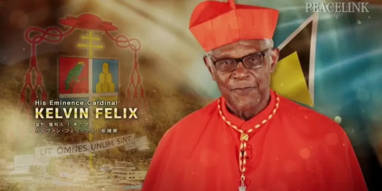 Cardinal Kelvin Felix in his church attire, standing with a serene expression, wearing his traditional red cassock and biretta, symbolizing his esteemed position in the Catholic Church.