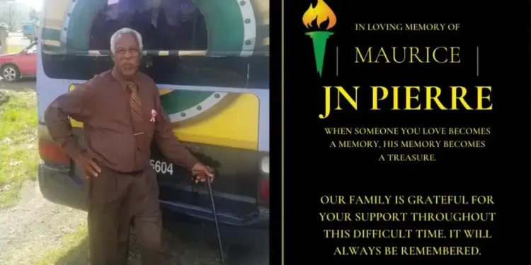 Memorial tribute to Maurice Jn Pierre, featuring him standing next to a bus, with text thanking family and friends for their support.
