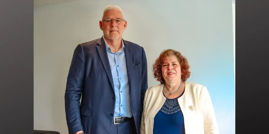 Allen Chastanet welcomes Turkey Ambassador Bengü Yiğitgüden as they pose for a photo during her diplomatic visit to Saint Lucia