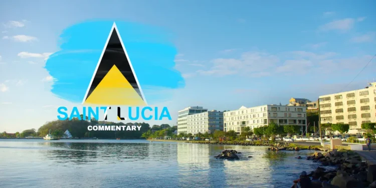 Castries waterfront with Saint Lucia flag and government buildings in the background, illustrating government mismanagement in St. Lucia.