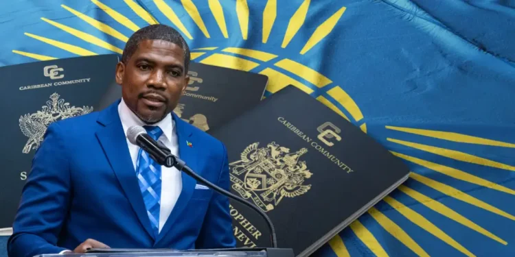 Dr. Terrance Drew speaks at a podium with a St. Kitts Passport backdrop, highlighting the new St. Kitts Due Diligence Unit to enhance CBI program security.