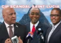 Ernest Hilaire, Claudius Francis, and Mc Claude Emmanuel stand together with the majestic Pitons of Saint Lucia in the background, highlighting the Ernest Hilaire CIP scandal.