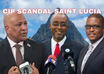Ernest Hilaire, Claudius Francis, and Mc Claude Emmanuel stand together with the majestic Pitons of Saint Lucia in the background, highlighting the Ernest Hilaire CIP scandal.