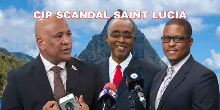 Ernest Hilaire, Claudius Francis, and Mc Claude Emmanuel stand together with the majestic Pitons of Saint Lucia in the background, highlighting the Ernest Hilaire CIP scandal.