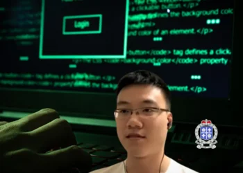 Lin Rui Siang, depicted against a dark web background, accused of leading a major drug trafficking network while training Saint Lucia police in cryptocurrency crime.