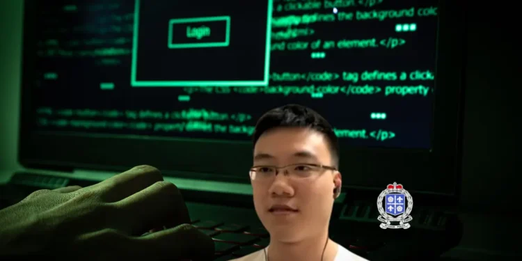 Lin Rui Siang, depicted against a dark web background, accused of leading a major drug trafficking network while training Saint Lucia police in cryptocurrency crime.