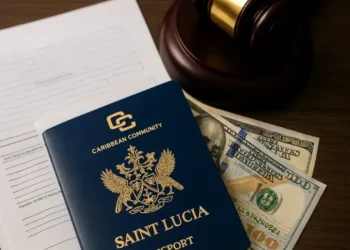 A Saint Lucia passport rests on legal forms alongside US dollar notes and a judge’s gavel, representing the CIP Passport Scandal.