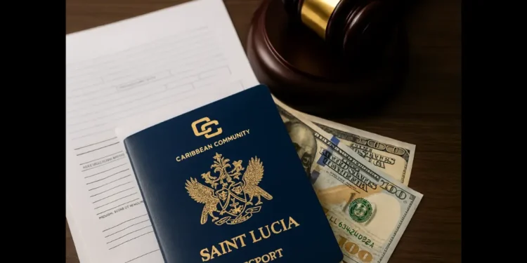 A Saint Lucia passport rests on legal forms alongside US dollar notes and a judge’s gavel, representing the CIP Passport Scandal.