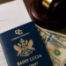 A Saint Lucia passport rests on legal forms alongside US dollar notes and a judge’s gavel, representing the CIP Passport Scandal.