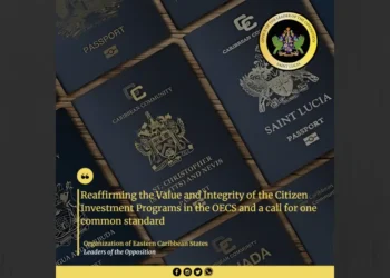 Passports of OECS countries with the seal of the Leader of the Opposition, highlighting the call for unified standards in CBI Programs OECS