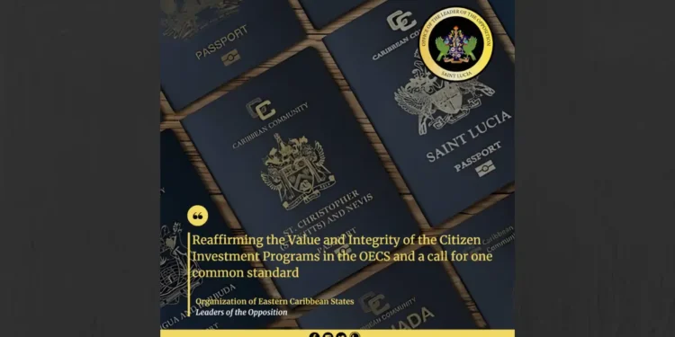 Passports of OECS countries with the seal of the Leader of the Opposition, highlighting the call for unified standards in CBI Programs OECS