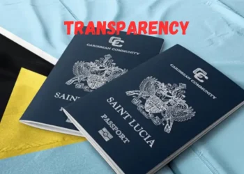 Saint Lucia Passport on a Saint Lucia Flag Background representing calls for Saint Lucia Political Transparency