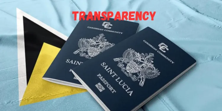 Saint Lucia Passport on a Saint Lucia Flag Background representing calls for Saint Lucia Political Transparency