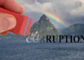 Saint Lucia Pitons with a corruption symbol overlay, highlighting the island's issues as per the latest Saint Lucia Corruption Index