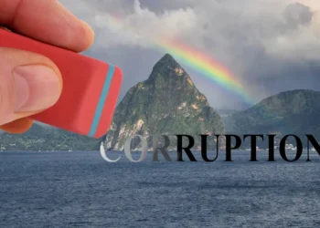 Saint Lucia Pitons with a corruption symbol overlay, highlighting the island's issues as per the latest Saint Lucia Corruption Index