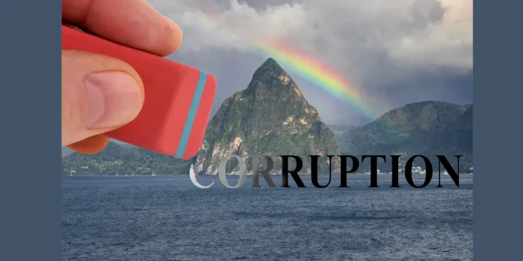 Saint Lucia Pitons with a corruption symbol overlay, highlighting the island's issues as per the latest Saint Lucia Corruption Index