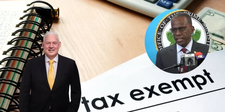 Allen Chastanet and Philip J Pierre with a tax exempt sign backdrop, highlighting the controversy over the Exemption of Health and Security Levy in Saint Lucia for a development in Rodney bay