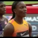 Julien Alfred anticipating her official time after crossing the finish line at the London Diamond League, where she set a new Julien Alfred 200m Record.