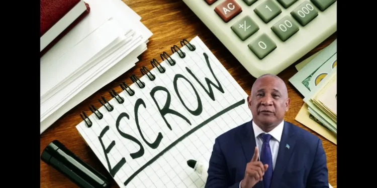 Notepad with the word 'escrow,' a marker, and a calculator representing the financial management involved in the Saint Lucia CIP scandal featuring Ernest Hilaire