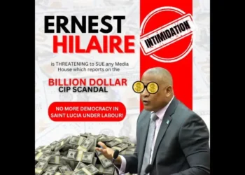 A printed flyer featuring Minister Ernest Hilaire, highlighting words related to press freedom intimidation in Saint Lucia and other alleged atrocities