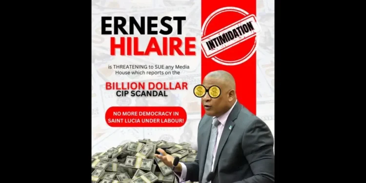 A printed flyer featuring Minister Ernest Hilaire, highlighting words related to press freedom intimidation in Saint Lucia and other alleged atrocities