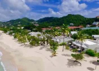 Aerial view of Grenada luxury resort Spice Island Beach, highlighting pristine white sand beaches and the resort's elegant property.