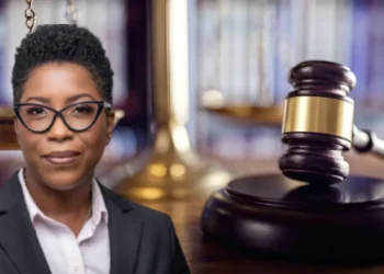 Diana Thomas against a justice-themed background, symbolizing the Diana Thomas CIP Controversy in Saint Lucia.