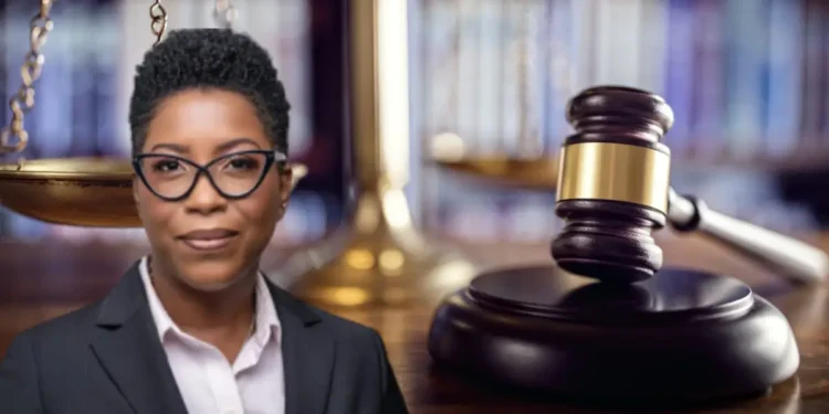 Diana Thomas against a justice-themed background, symbolizing the Diana Thomas CIP Controversy in Saint Lucia.