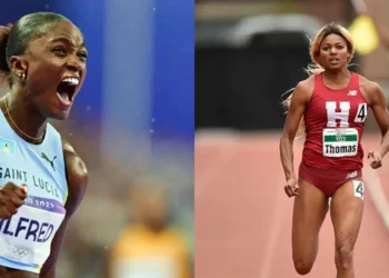 Gabby Thomas and Julien Alfred on the track, ready for the Women's 200m Paris 2024 final, poised to compete for Olympic glory.