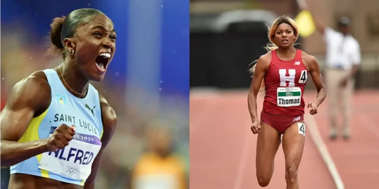 Gabby Thomas and Julien Alfred on the track, ready for the Women's 200m Paris 2024 final, poised to compete for Olympic glory.