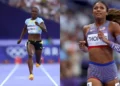 Julien Alfred Olympic silver medal winner standing side by side with Gabby Thomas on the track during the Women's 200m Final at Paris 2024