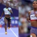 Julien Alfred Olympic silver medal winner standing side by side with Gabby Thomas on the track during the Women's 200m Final at Paris 2024