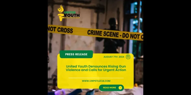 Logo of United Youth alongside a crime scene, highlighting their urgent call to address rising gun violence in Saint Lucia.