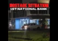 Police responding to the 1st National Bank Robbery at the Choc branch in Saint Lucia, with officers securing the area after the heist.