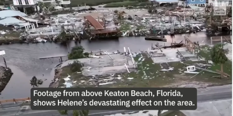 Aerial view of Keaton Beach, Florida, showing the devastating aftermath of Hurricane Helene, contributing to Tennessee Dam Failure fears. Photo credit: The Weather Channel.