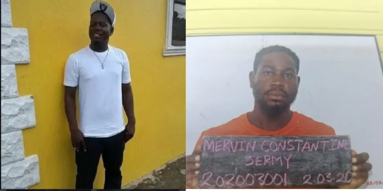 Bordelais inmate recaptured: Mervin Jeremie Constantine in a white shirt and cap, displays his prison number after his escape and arrest.