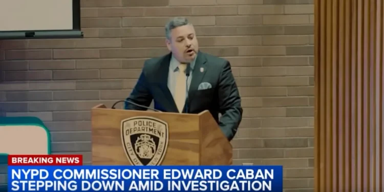 Commissioner Edward Caban resigns, addressing the media at a press conference following his decision to step down amid a federal investigation.