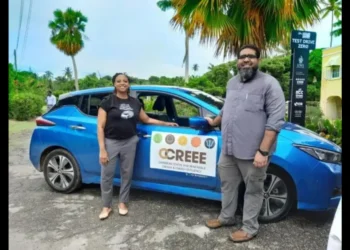 Dr. Legena Henry and Dr. Mohammad Rafik Nagdee celebrate the launch of the first vehicle powered by sargassum biofuel innovation in Barbados.