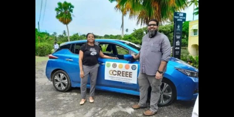 Dr. Legena Henry and Dr. Mohammad Rafik Nagdee celebrate the launch of the first vehicle powered by sargassum biofuel innovation in Barbados.