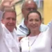 Edmundo González flees Venezuela, seen waving at the crowd alongside his wife during a public appearance before his escape.