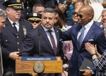 Edward Caban expected to resign as NYPD Commissioner, pictured alongside New York Mayor Eric Adams during a press conference amid a federal probe.