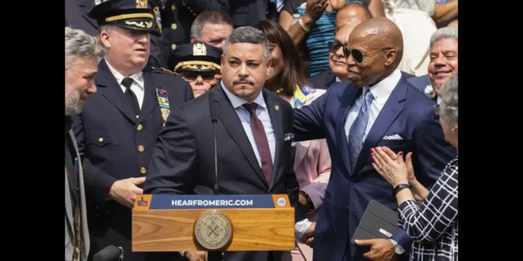 Edward Caban expected to resign as NYPD Commissioner, pictured alongside New York Mayor Eric Adams during a press conference amid a federal probe.